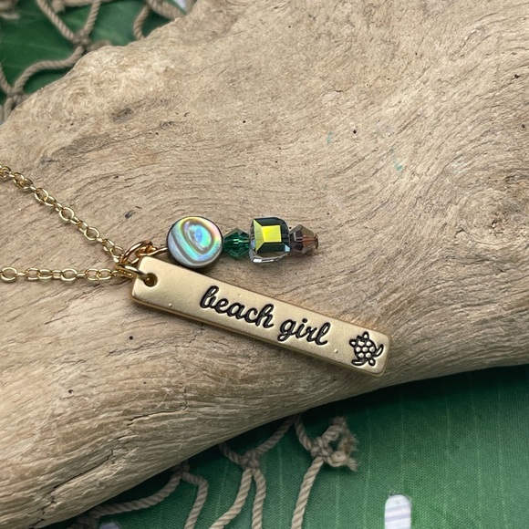 Gold or Silver Stamped BEACH GIRL Pendant w Abalone Shell Crystal Beads Necklace - Picture 9 of 16